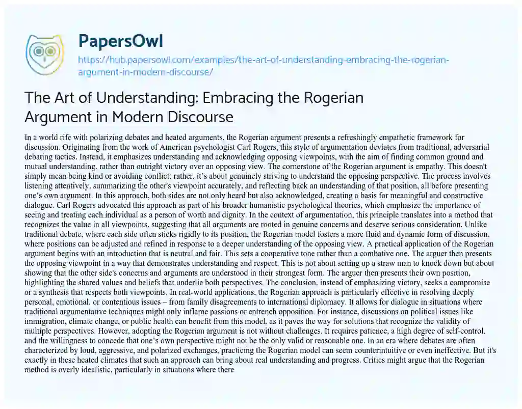 Essay on The Art of Understanding: Embracing the Rogerian Argument in Modern Discourse