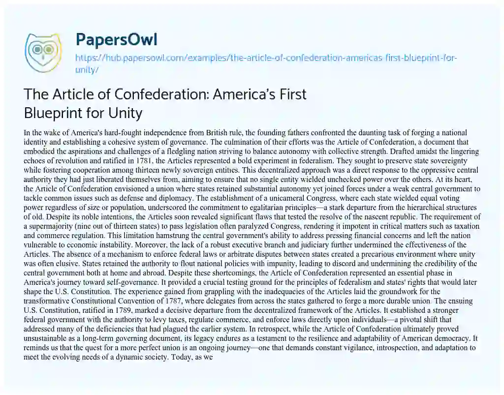 Essay on The Article of Confederation: America’s First Blueprint for Unity