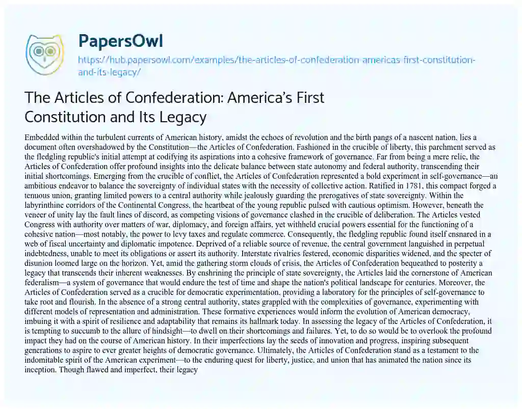 Essay on The Articles of Confederation: America’s First Constitution and Its Legacy