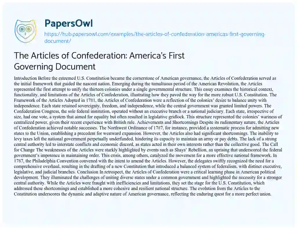 Essay on The Articles of Confederation: America’s First Governing Document
