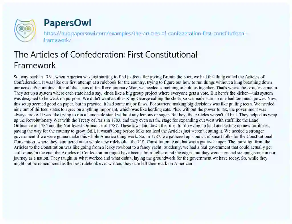 Essay on The Articles of Confederation: First Constitutional Framework