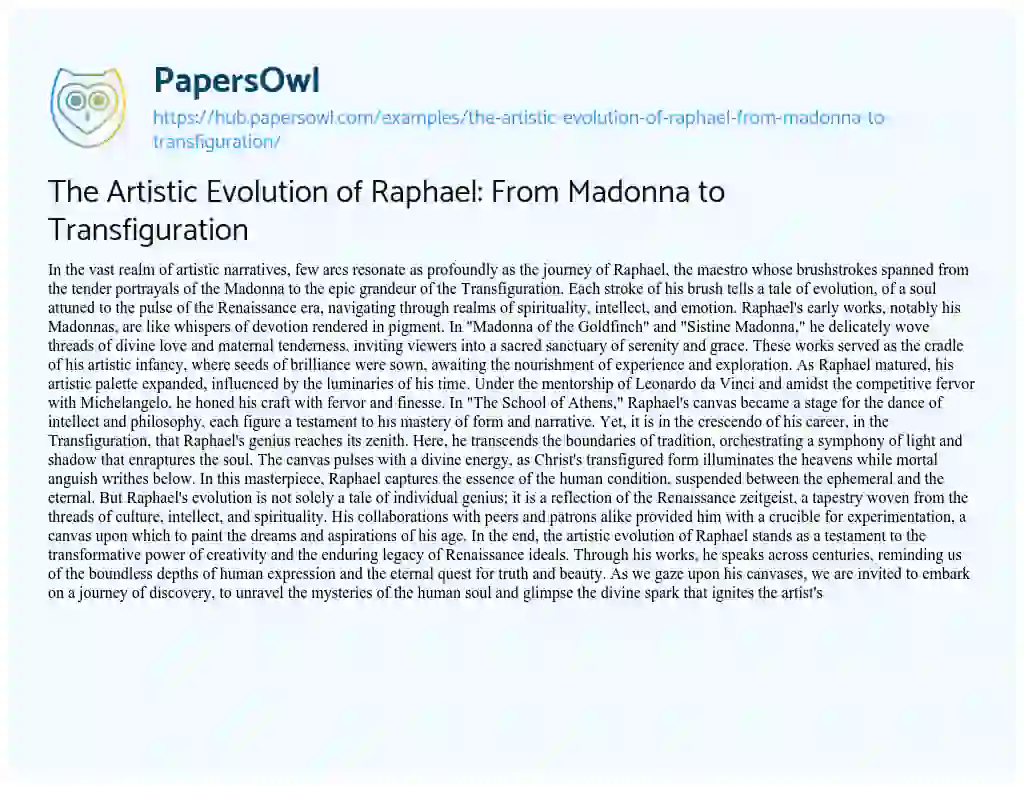 Essay on The Artistic Evolution of Raphael: From Madonna to Transfiguration