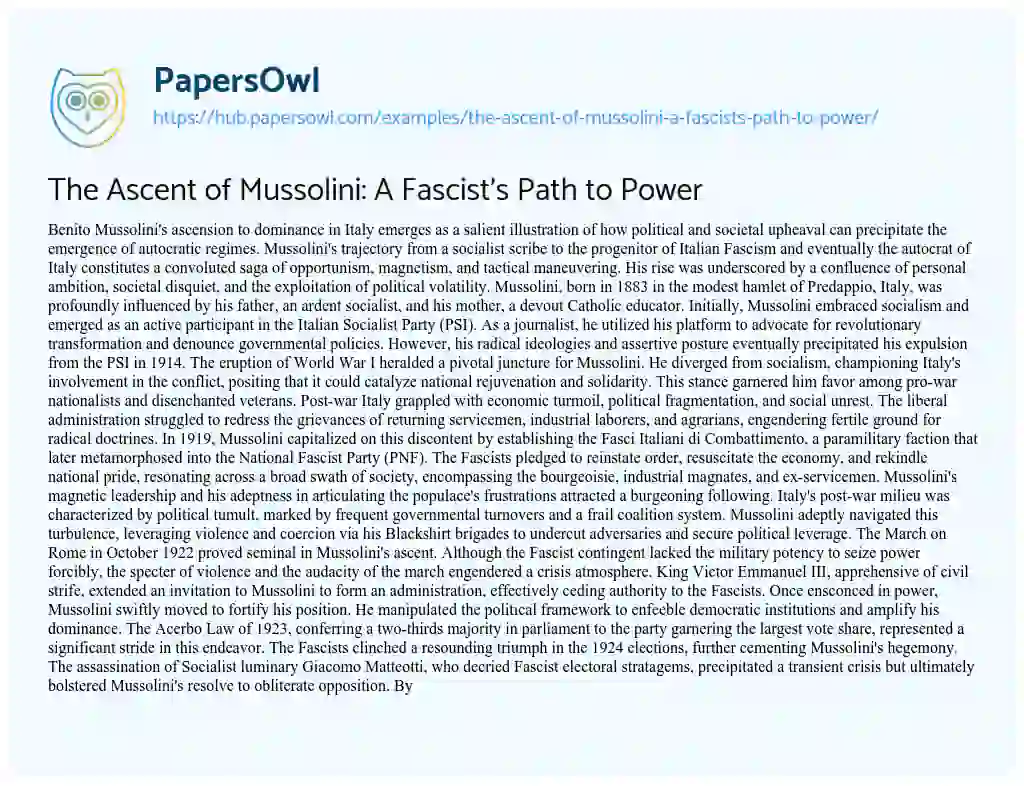 Essay on The Ascent of Mussolini: A Fascist’s Path to Power
