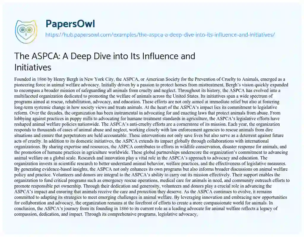 Essay on The ASPCA: A Deep Dive into Its Influence and Initiatives