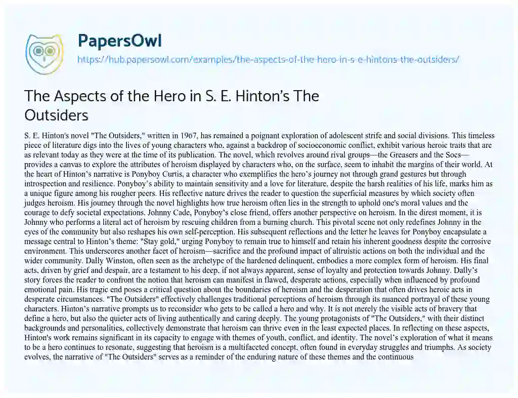 Essay on The Aspects of the Hero in S. E. Hinton’s The Outsiders
