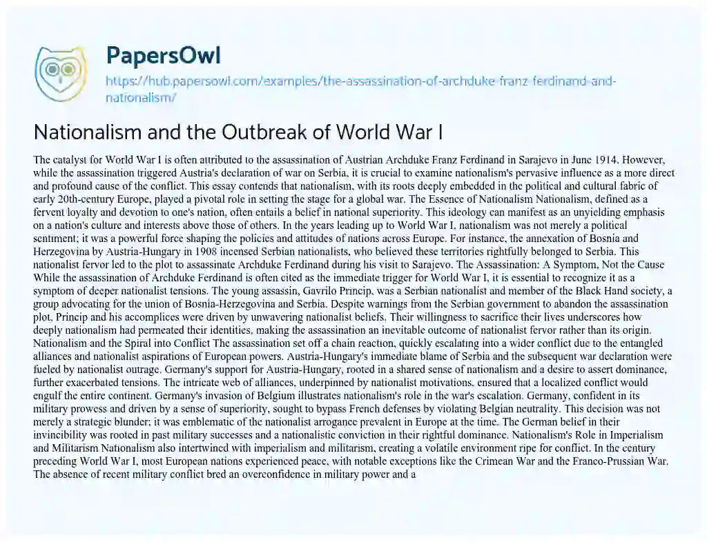 Essay on Nationalism and the Outbreak of World War I