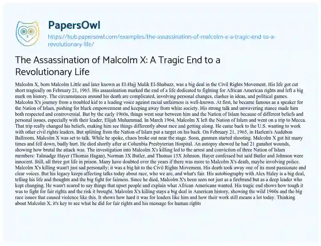 Essay on The Assassination of Malcolm X: A Tragic End to a Revolutionary Life