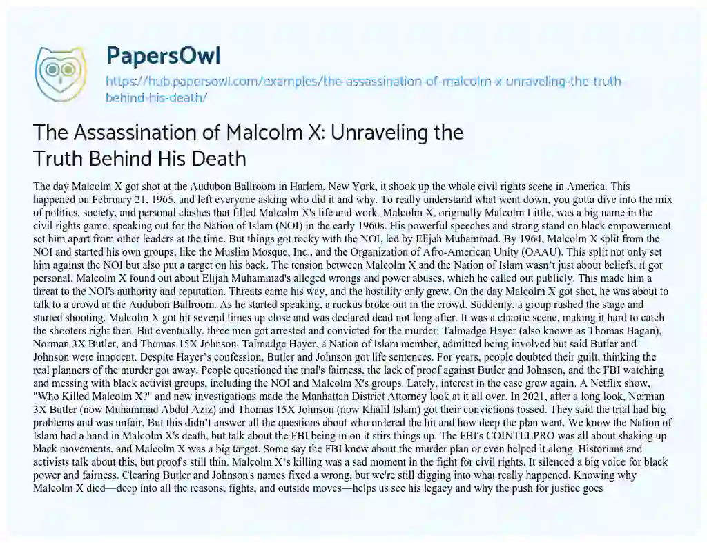 Essay on The Assassination of Malcolm X: Unraveling the Truth Behind His Death