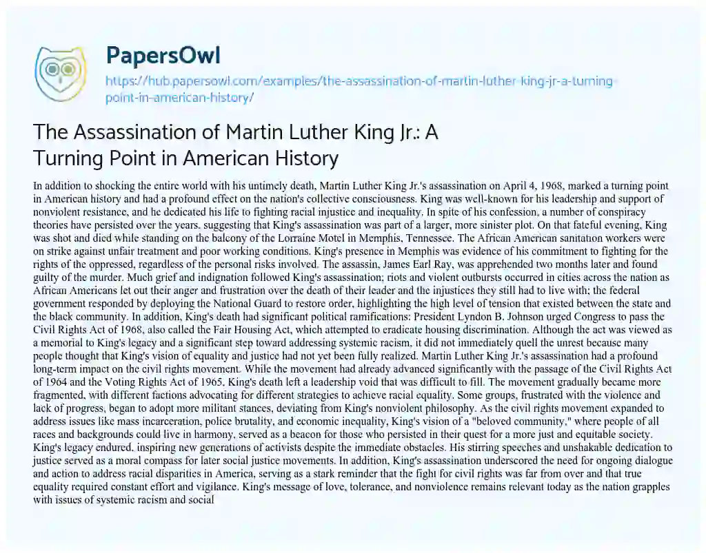 Essay on The Assassination of Martin Luther King Jr.: A Turning Point in American History