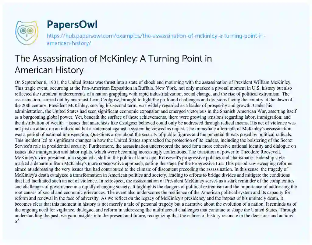 Essay on The Assassination of McKinley: A Turning Point in American History