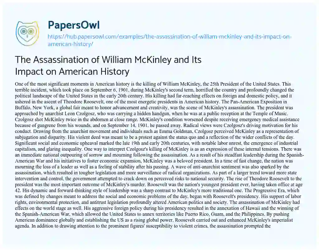 Essay on The Assassination of William McKinley and Its Impact on American History