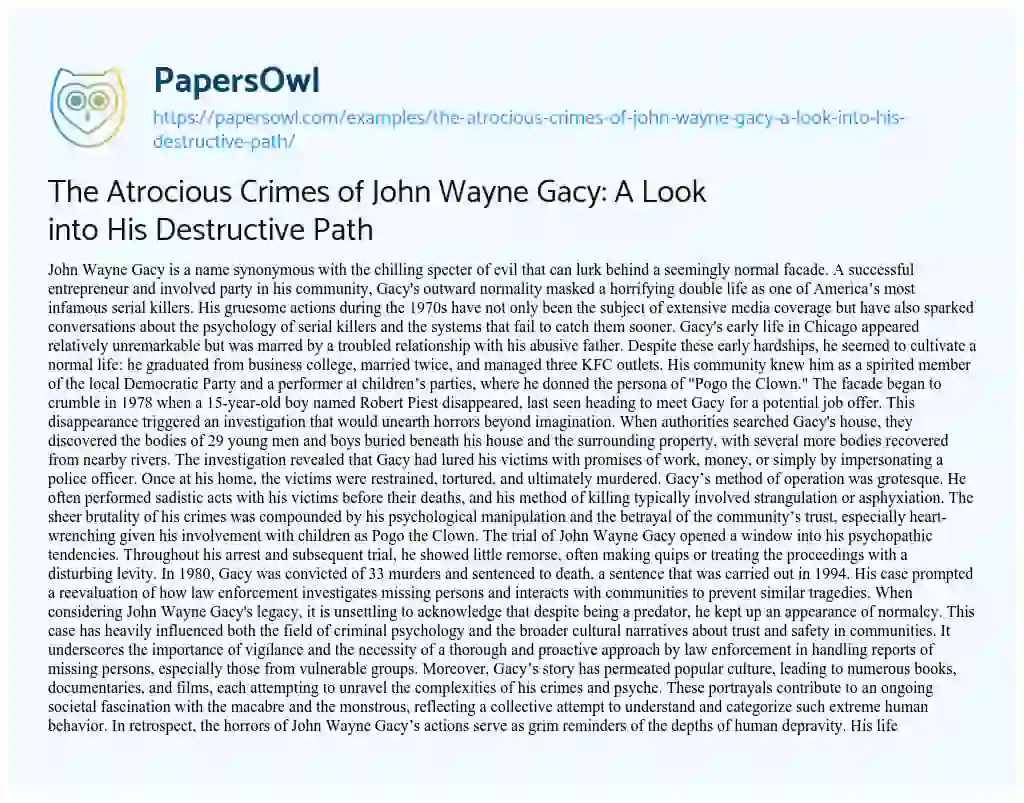 Essay on The Atrocious Crimes of John Wayne Gacy: A Look into His Destructive Path