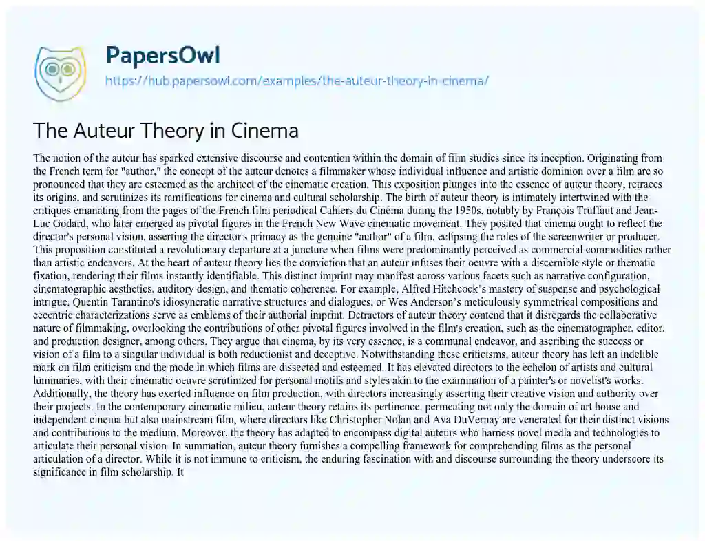 Essay on The Auteur Theory in Cinema