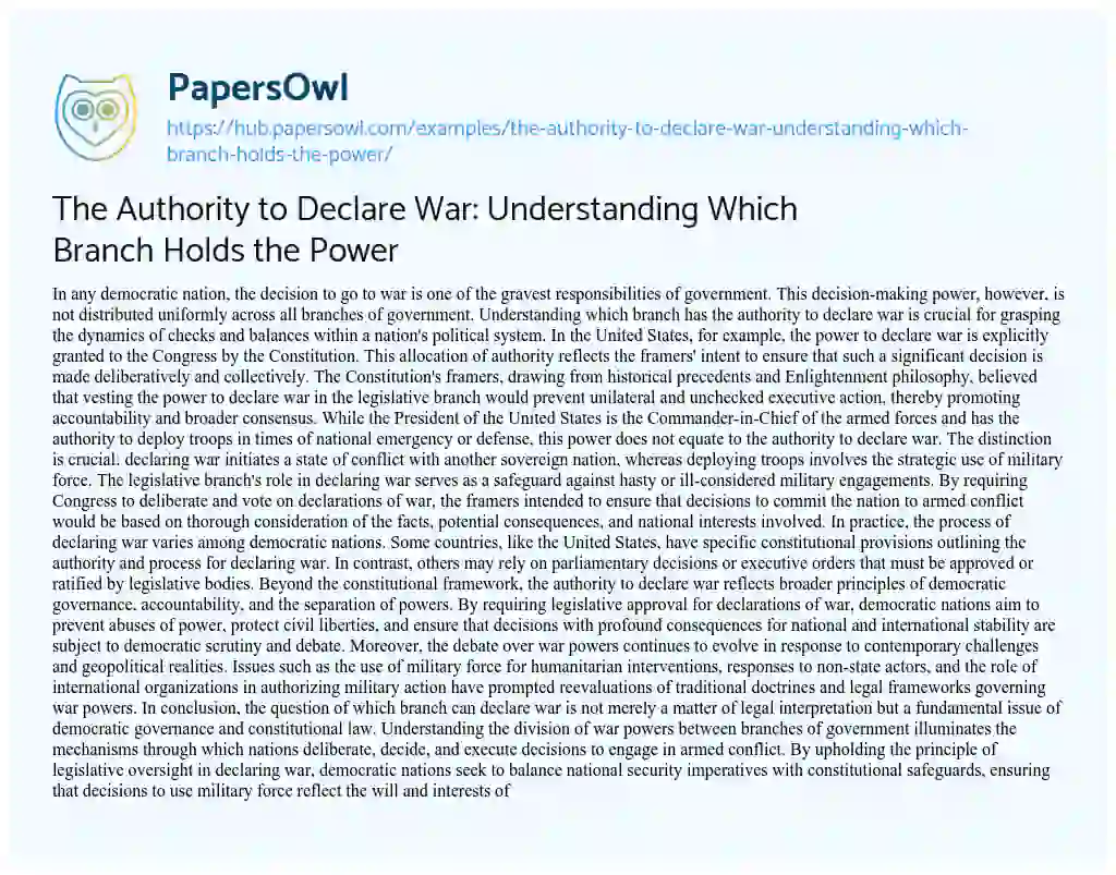 Essay on The Authority to Declare War: Understanding Which Branch Holds the Power