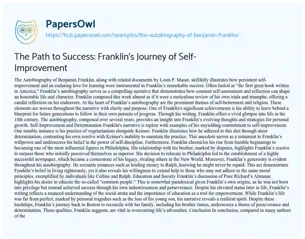 Essay on The Path to Success: Franklin’s Journey of Self-Improvement