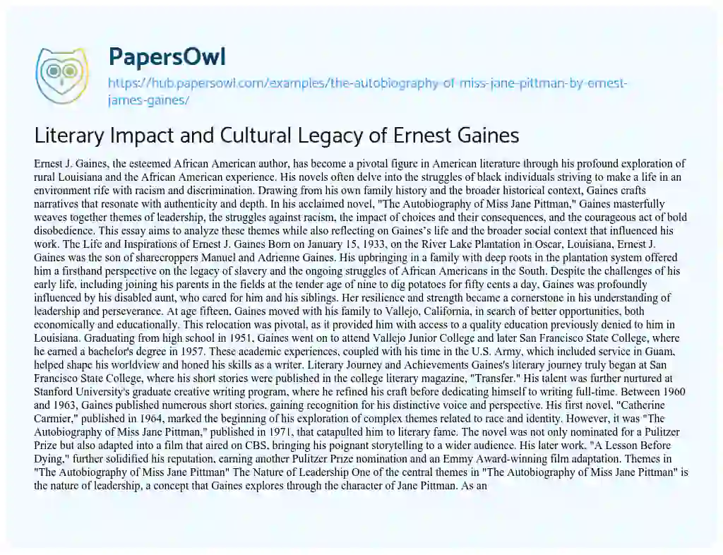 Essay on Literary Impact and Cultural Legacy of Ernest Gaines