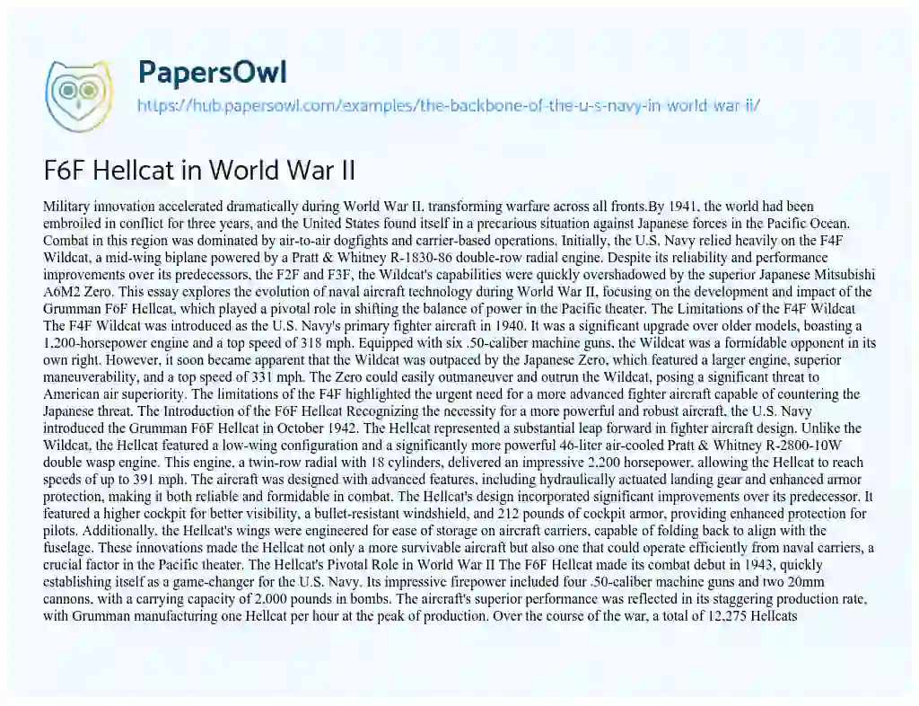 Essay on F6F Hellcat in World War II