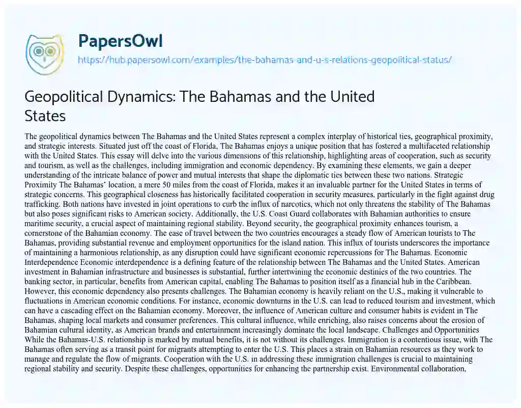 Essay on Geopolitical Dynamics: The Bahamas and the United States