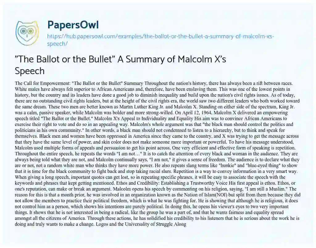 Essay on “The Ballot or the Bullet” A Summary of Malcolm X’s Speech