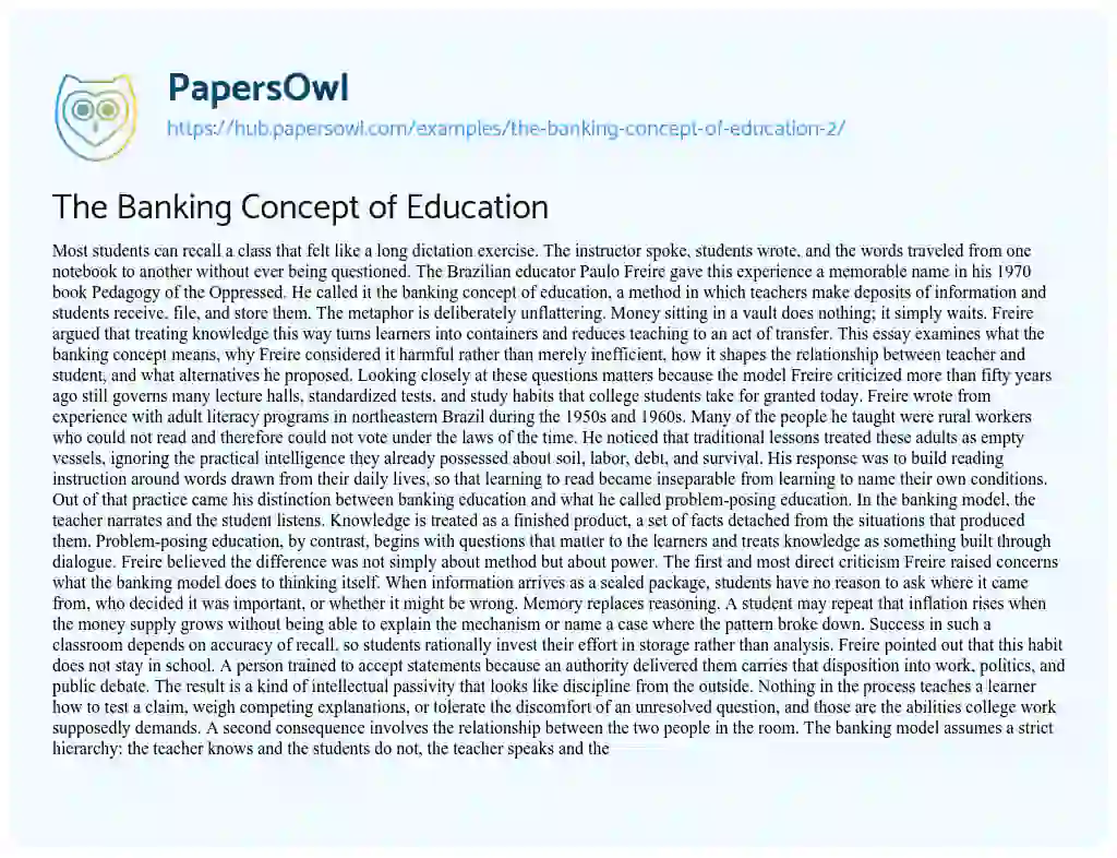 Essay on The Banking Concept of Education