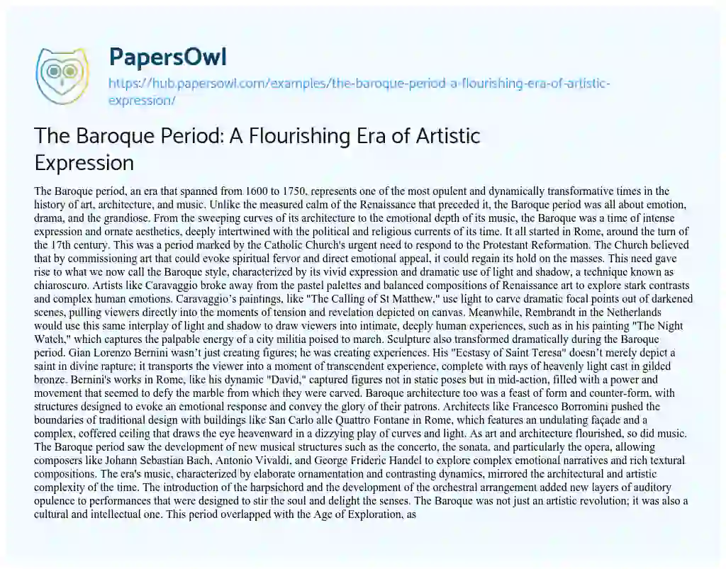 Essay on The Baroque Period: A Flourishing Era of Artistic Expression
