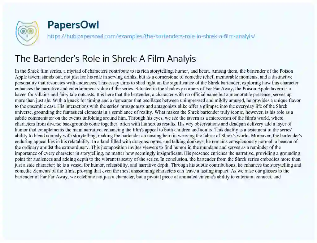 Essay on The Bartender’s Role in Shrek: A Film Analyis