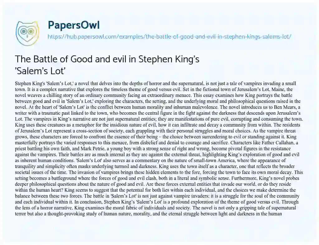 Essay on The Battle of Good and evil in Stephen King’s ‘Salem’s Lot’