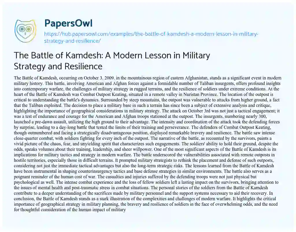 Essay on The Battle of Kamdesh: A Modern Lesson in Military Strategy and Resilience