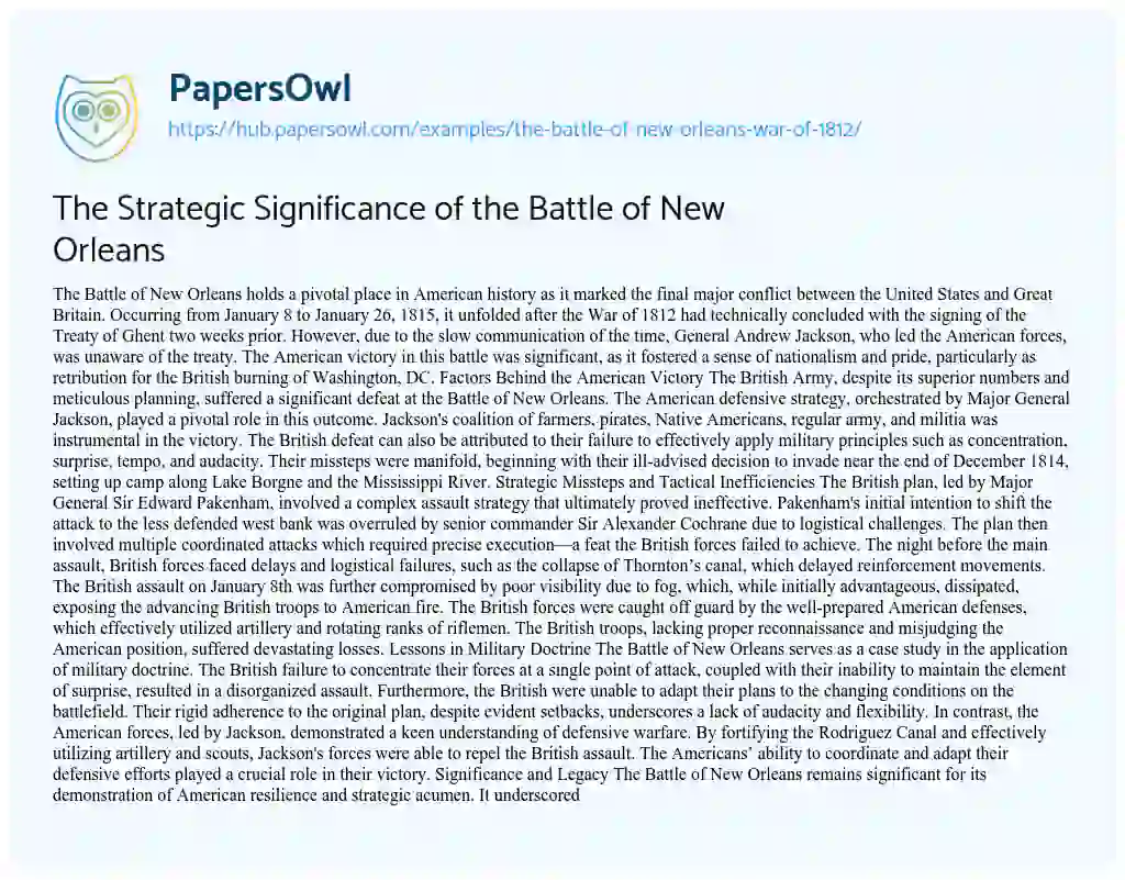 Essay on The Strategic Significance of the Battle of New Orleans