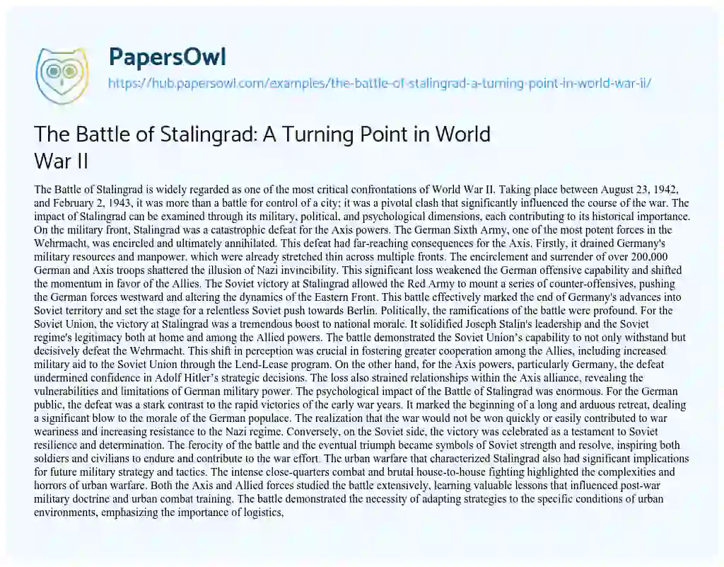 Essay on The Battle of Stalingrad: A Turning Point in World War II