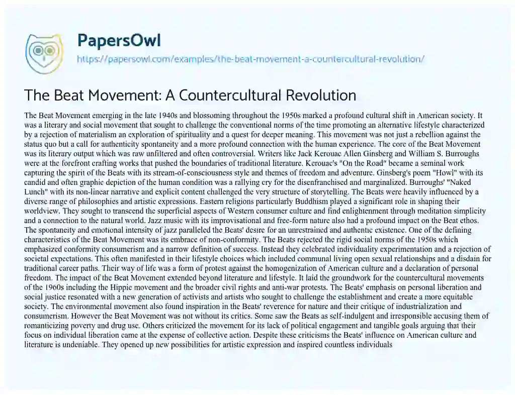 Essay on The Beat Movement: A Countercultural Revolution
