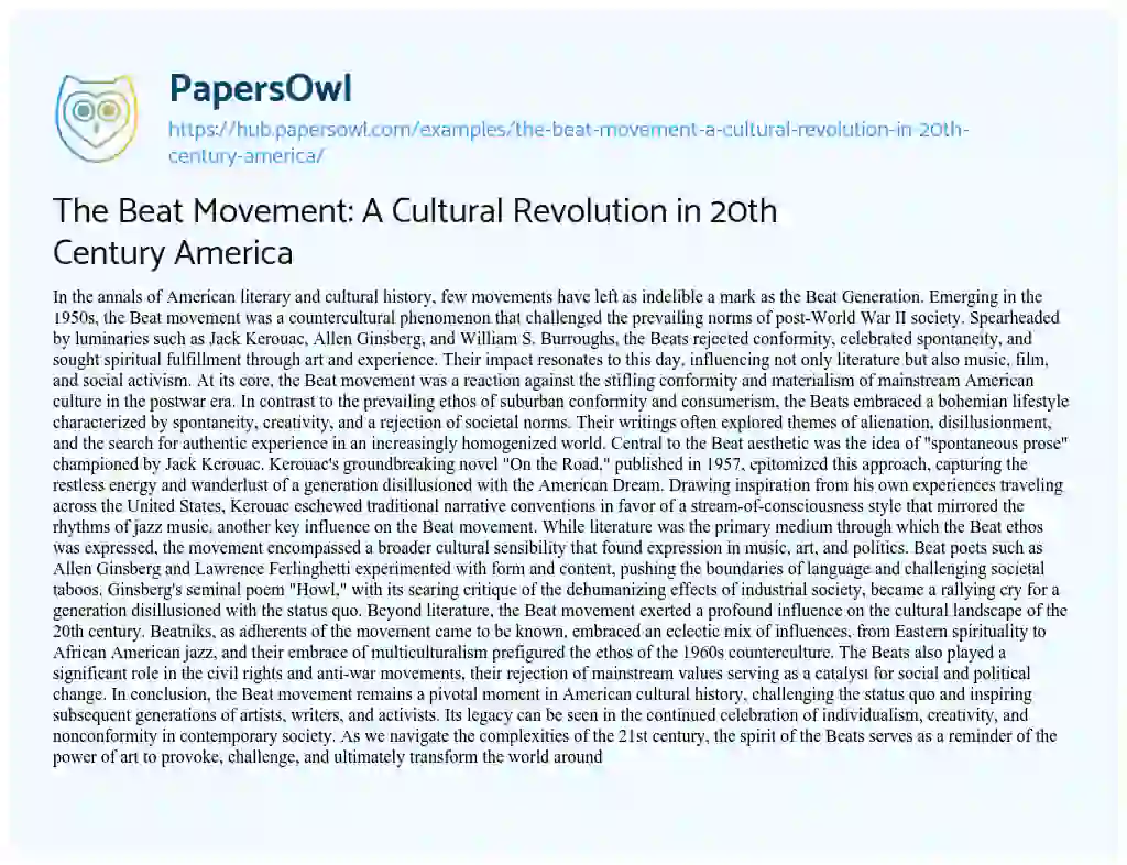 Essay on The Beat Movement: A Cultural Revolution in 20th Century America