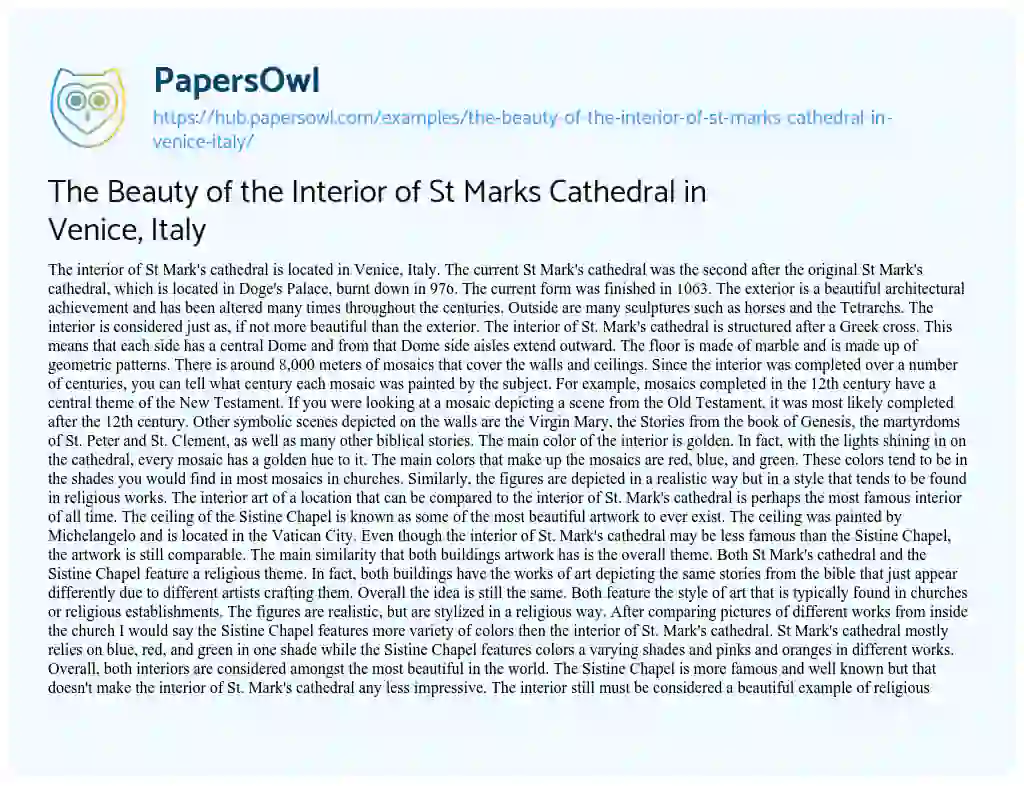 Essay on The Beauty of the Interior of St Marks Cathedral in Venice, Italy