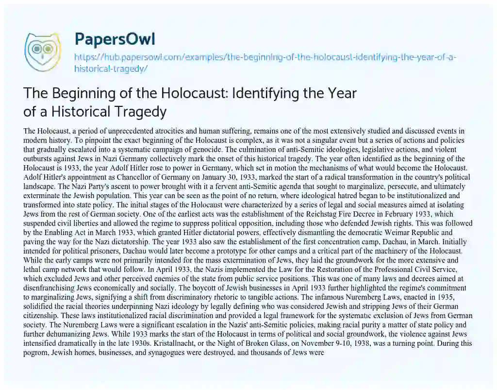 Essay on The Beginning of the Holocaust: Identifying the Year of a Historical Tragedy
