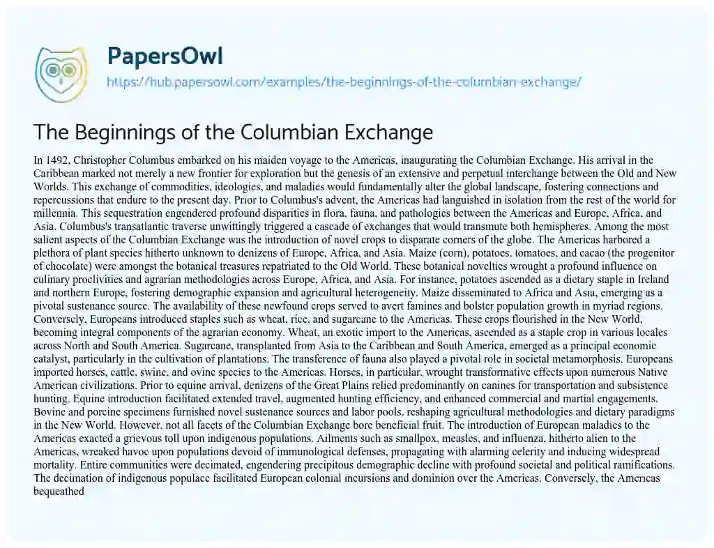 Essay on The Beginnings of the Columbian Exchange