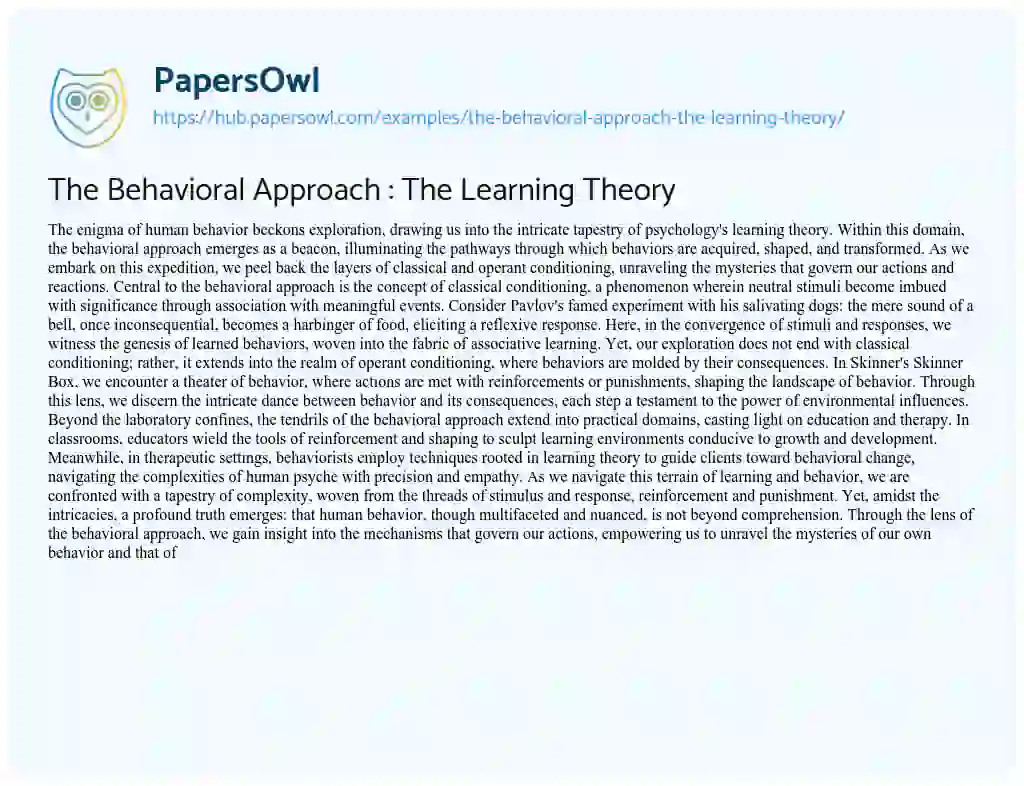 Essay on The Behavioral Approach : The Learning Theory