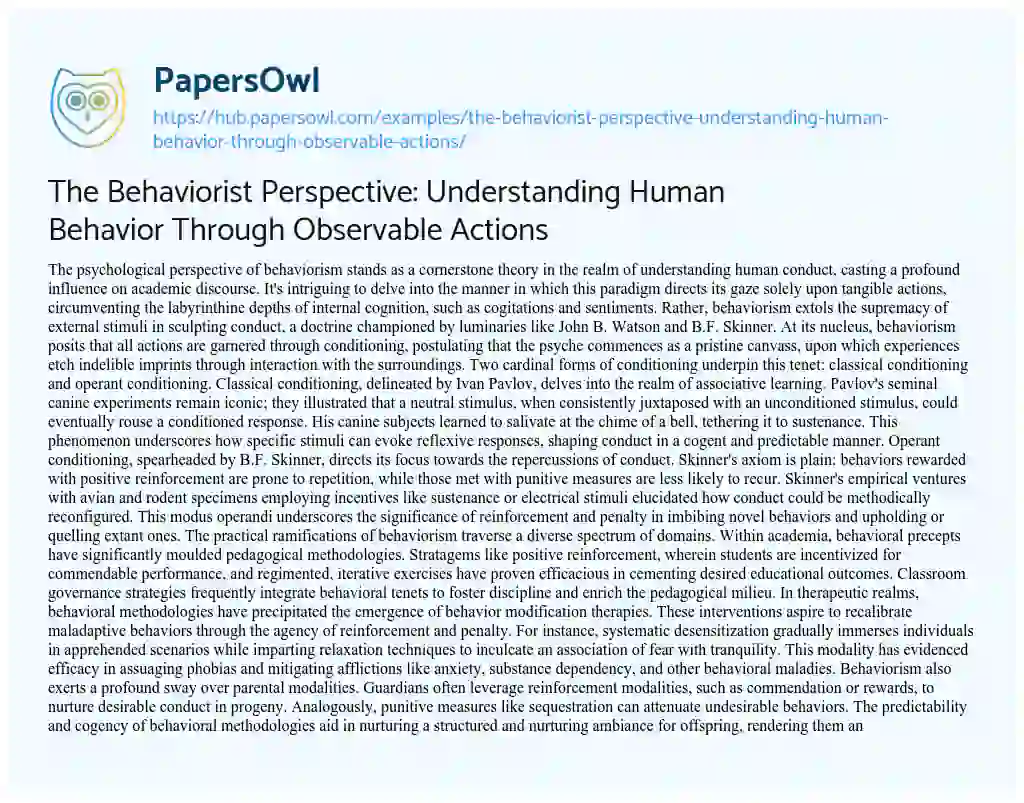 Essay on The Behaviorist Perspective: Understanding Human Behavior Through Observable Actions