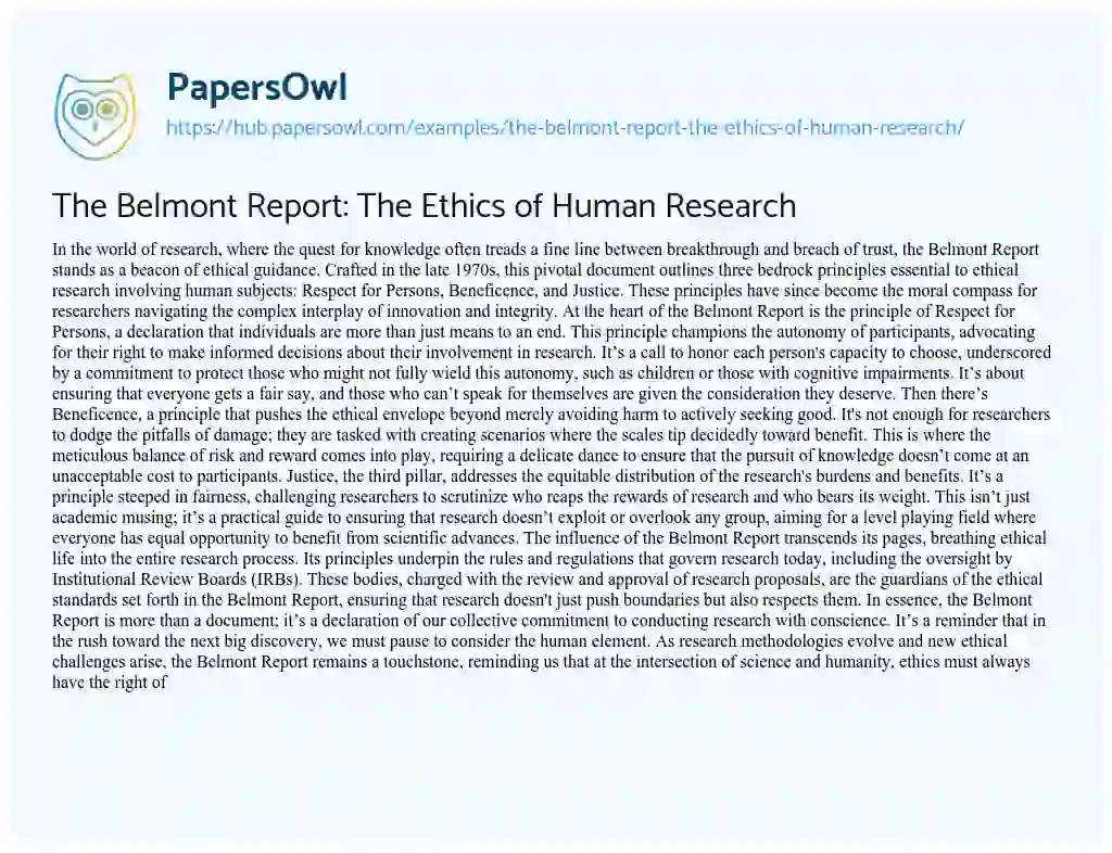 Essay on The Belmont Report: The Ethics of Human Research