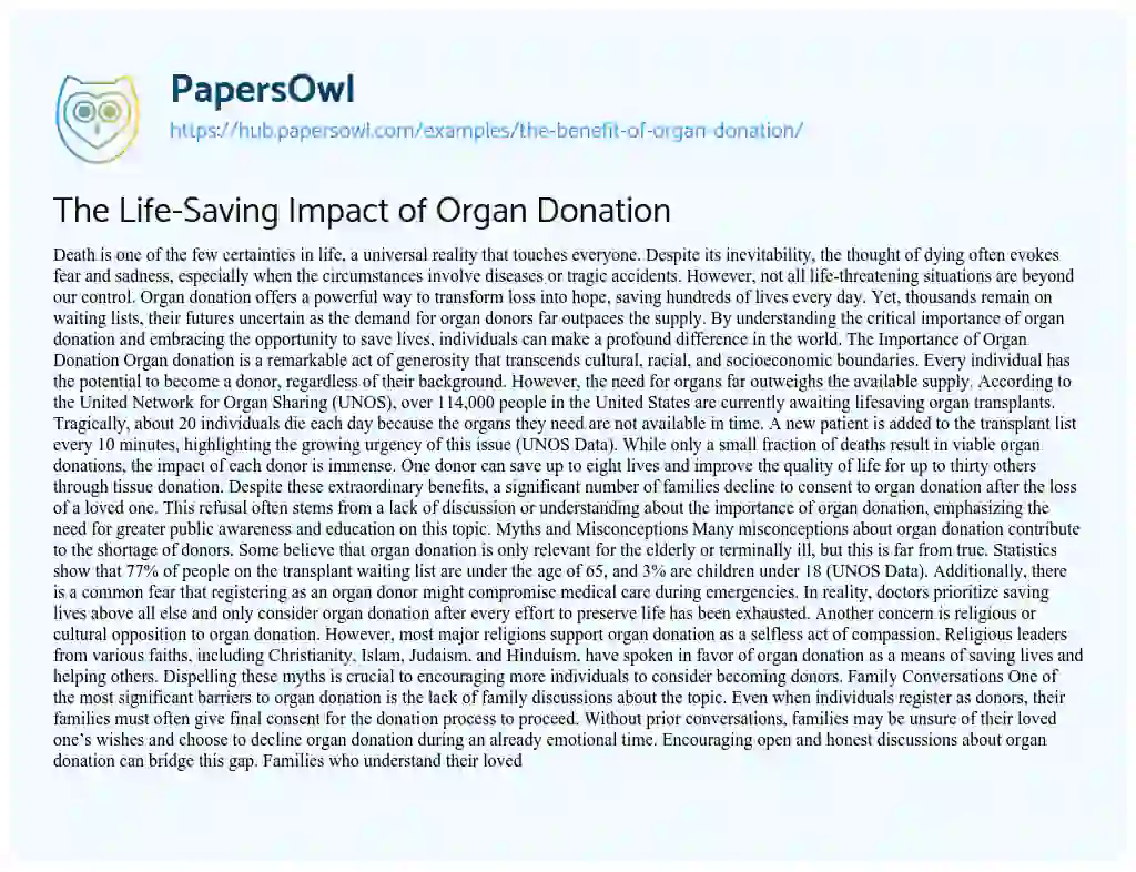 Essay on The Life-Saving Impact of Organ Donation