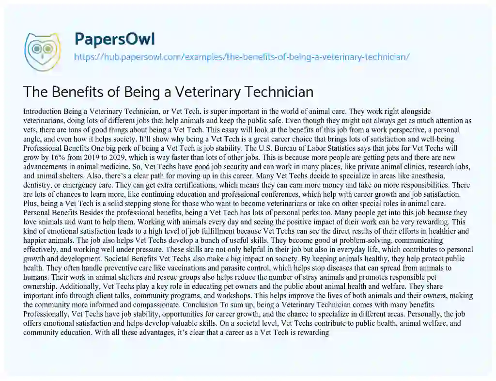 Essay on The Benefits of Being a Veterinary Technician