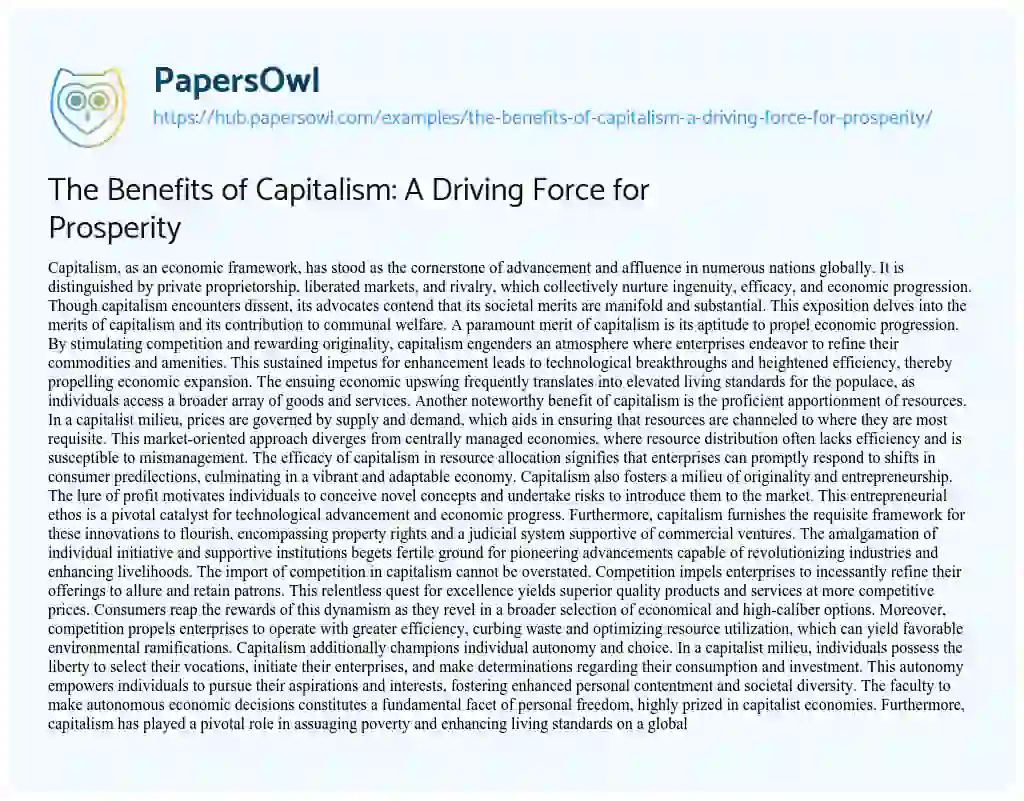 Essay on The Benefits of Capitalism: A Driving Force for Prosperity