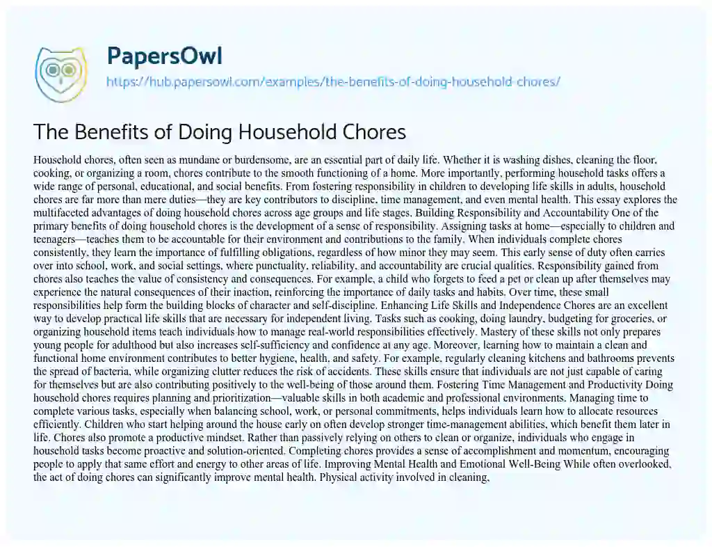 Essay on The Benefits of Doing Household Chores