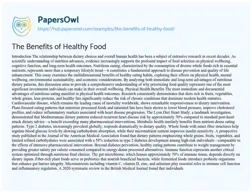 Essay on The Benefits of Healthy Food