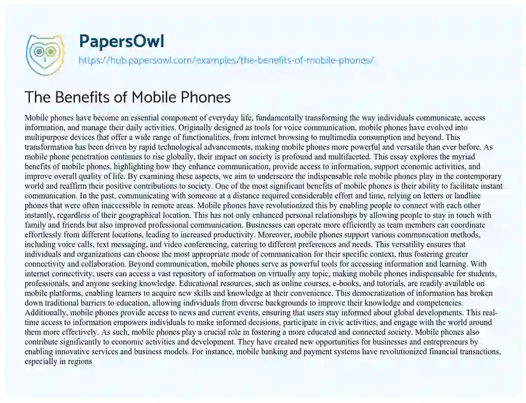 Essay on The Benefits of Mobile Phones