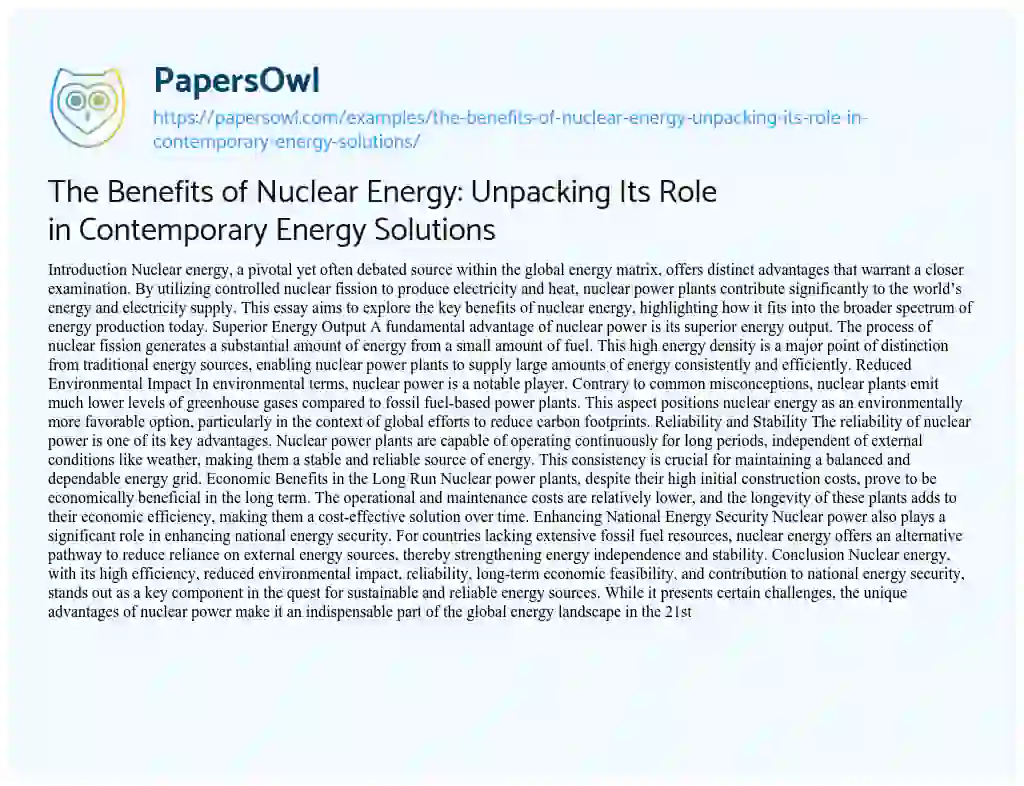 Essay on The Benefits of Nuclear Energy: Unpacking Its Role in Contemporary Energy Solutions