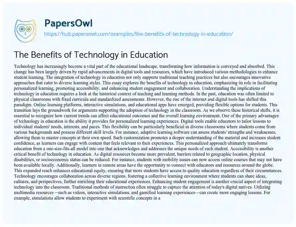 Essay on The Benefits of Technology in Education