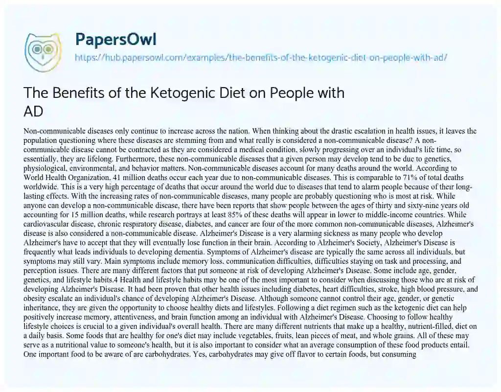 Essay on The Benefits of the Ketogenic Diet on People with AD