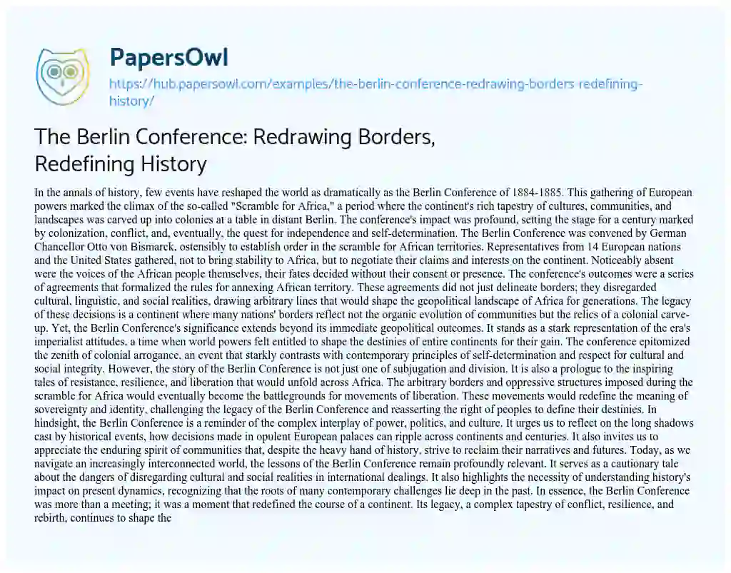 Essay on The Berlin Conference: Redrawing Borders, Redefining History