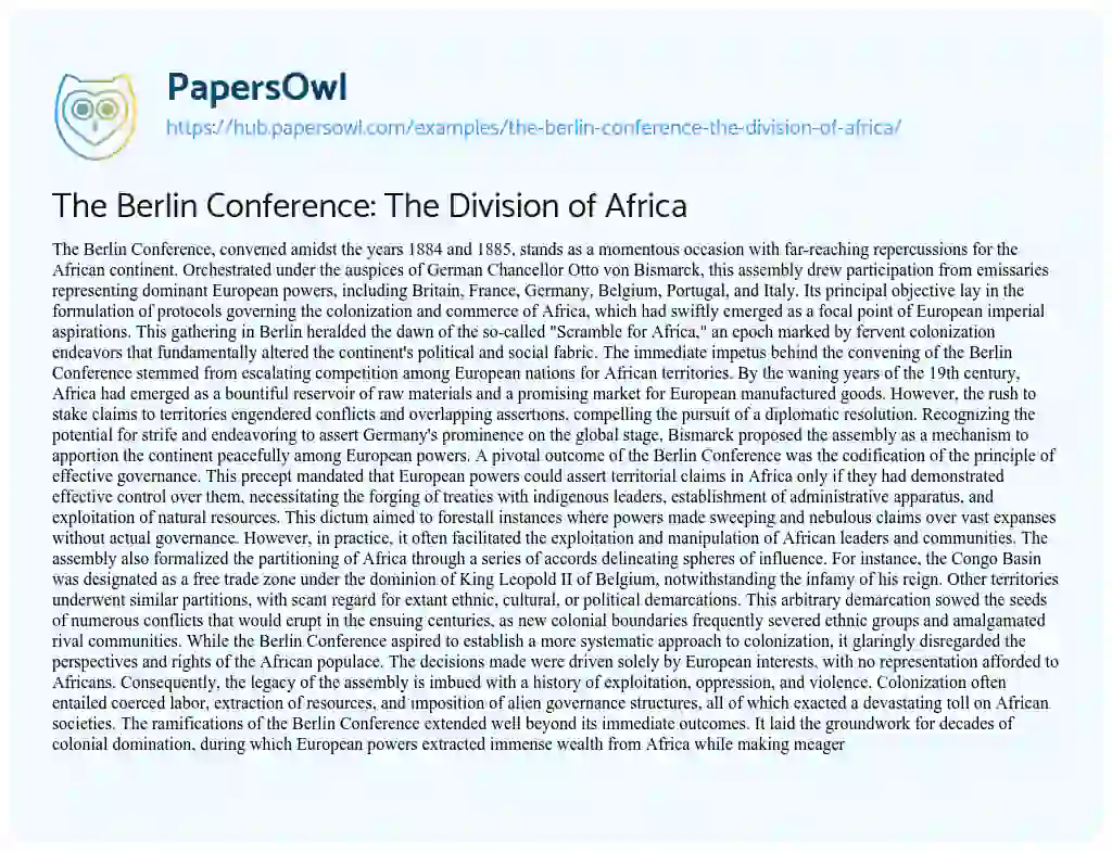 Essay on The Berlin Conference: The Division of Africa
