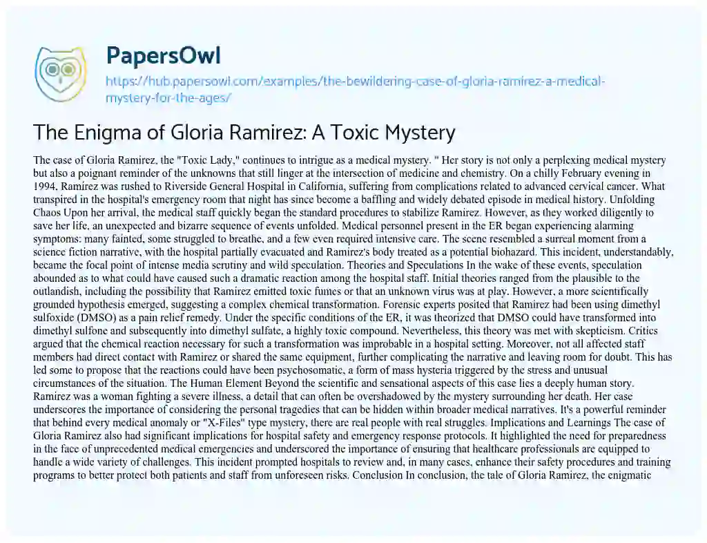 Essay on The Enigma of Gloria Ramirez: A Toxic Mystery